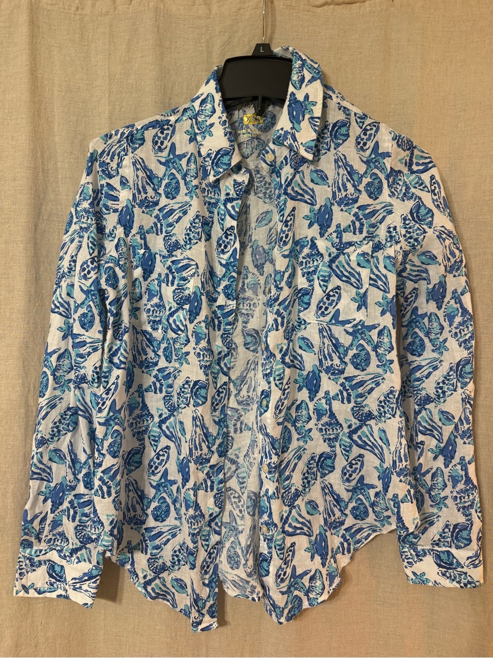 Blue Shell-Print womens Lightweight Button-Up Shirt xxs lily pulitzer